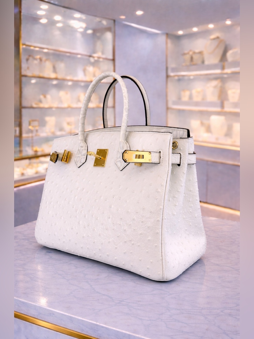 NATURAL LEATHER UNBRANDED 30cm White Ostrich & Crocodile Texture Top-Handle Bag
